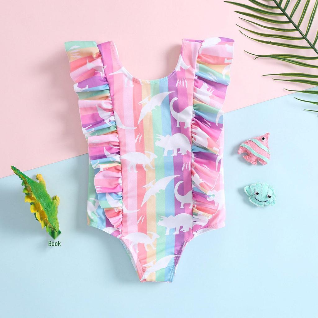 Girls' Rainbow Dinosaur Ruffled One-Piece Swimsuit