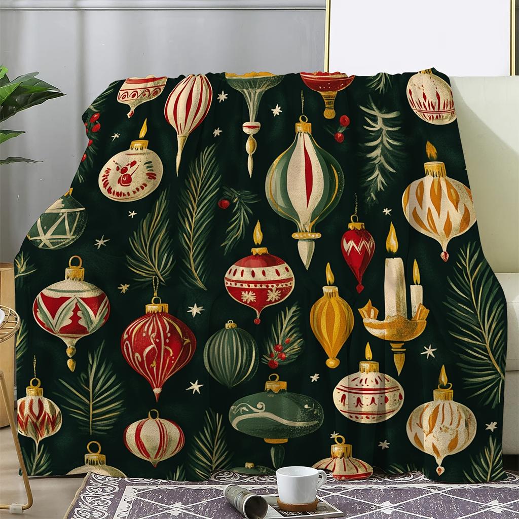 Vintage Christmas Blanket - Ornament Candle Print Flannel Throw, Soft All-Season Gift For Couch/Bed, Cozy Holiday Decor