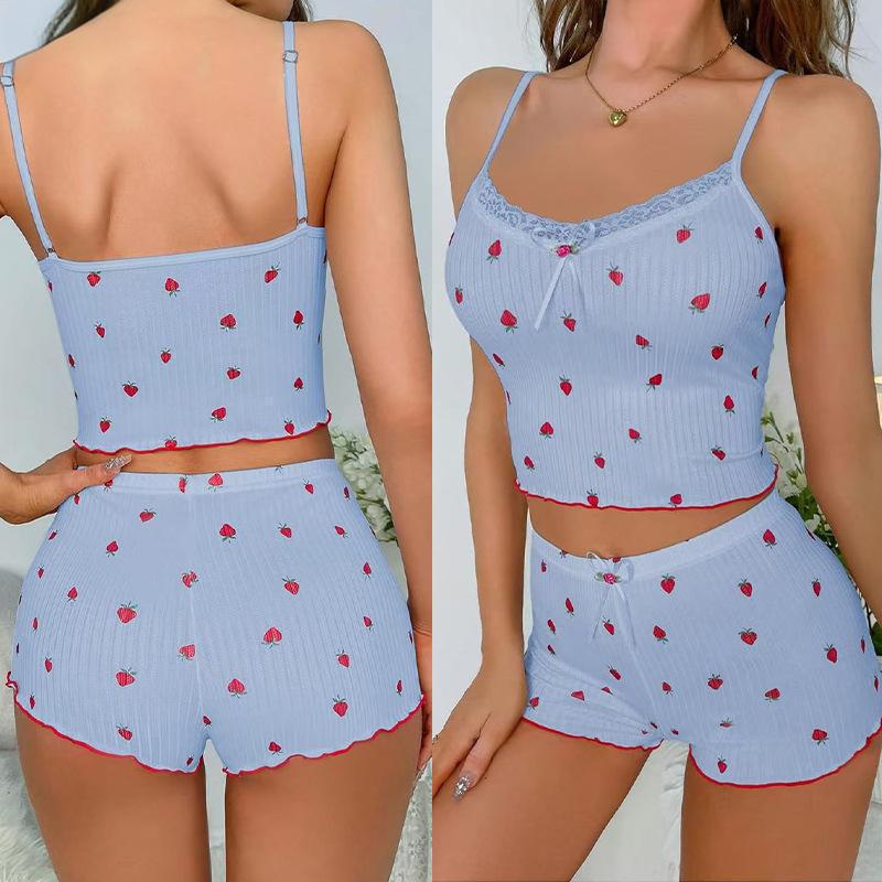 Strawberry Print Camisole Shorts Pajama Set with Bow - Women's Summer Loungewear