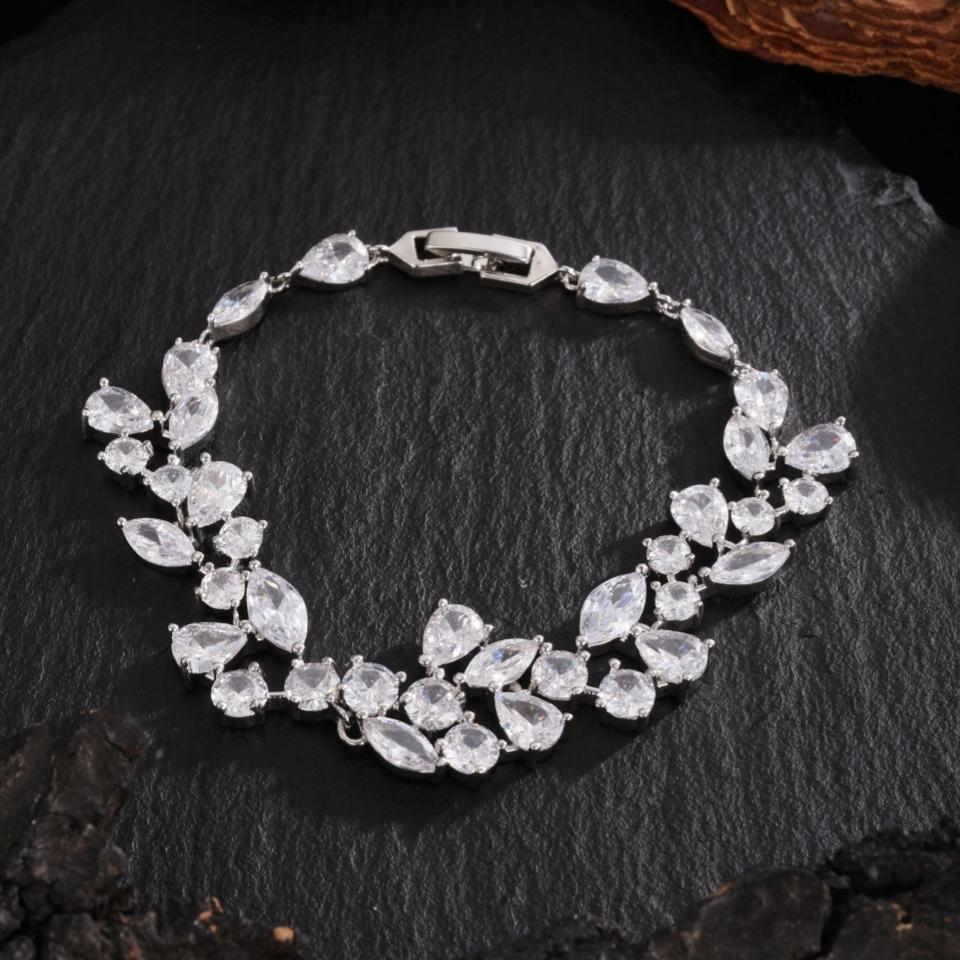 ZAKOL Shiny Marquise Cut Cubic Zirconia Silver Color Leaf Shape Chain Bracelet Bangle for Women Brides Wedding Party Jewelry