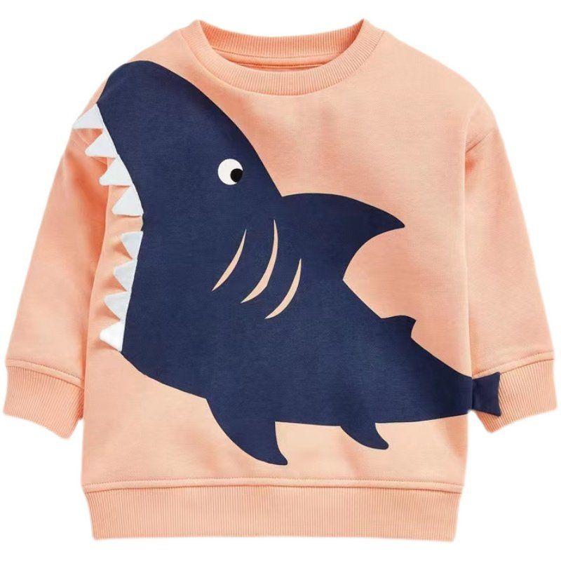 Autumn New Style Boys' Sweatshirt Shark Design Trendy Girls' Top Autumn Base Shirt Toddler Pure Cotton Long-Sleeve Pullover
