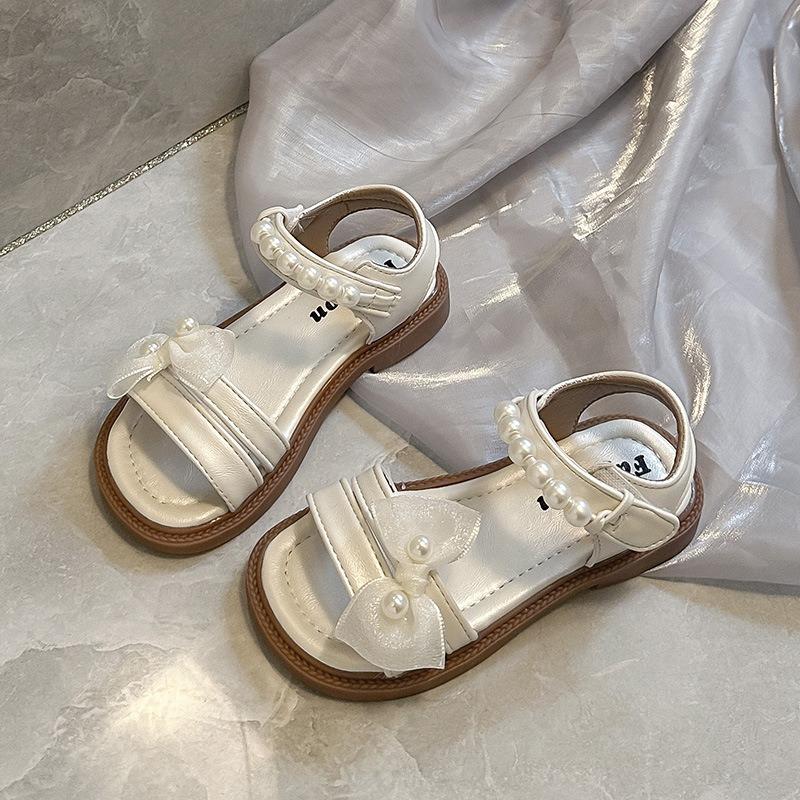 

Girls Solid Open Toe Princess Sandals, Mesh Pearl Bow Cute Summer Shoes 23 бежевый
