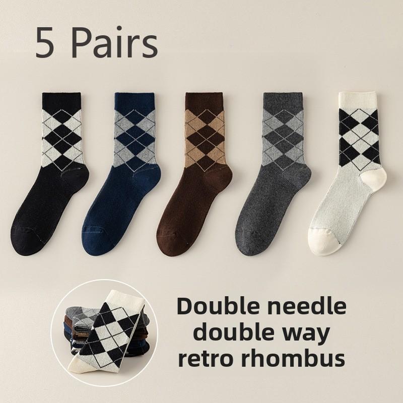 

5 пар мужских осенне-зимних новых носков-труб из чистого хлопка в стиле ретро с ромбовидным узором 5 Pairs