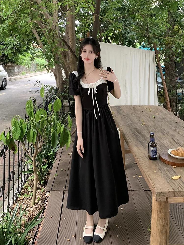 French large size dress, fat MM summer dress, new temperament, waist and thin square neck coffee break skirt