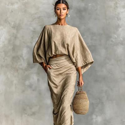 Light Beige Linen Two Piece Set Cropped Top Long Skirt Casual Summer Outfit