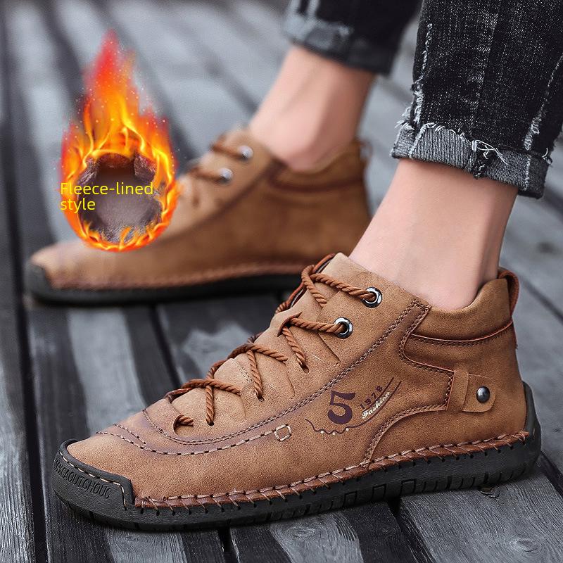 Herren-High-Top-Martin-Stiefel mit Reißverschluss an der Spitze und Samtfutter – handgenähte Kurzstiefel für den Outdoor-Einsatz in großen Größen.