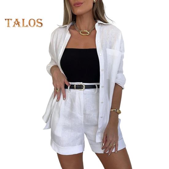 

2 шт./компл., женская рубашка, шорты, комплект с поясом, сплошной цвет, длинные рукава, нагрудные карманы, блузка с лацканами, высокая талия, свободные брюки длиной до колена, повседневный комплект для поездок на работу M белый