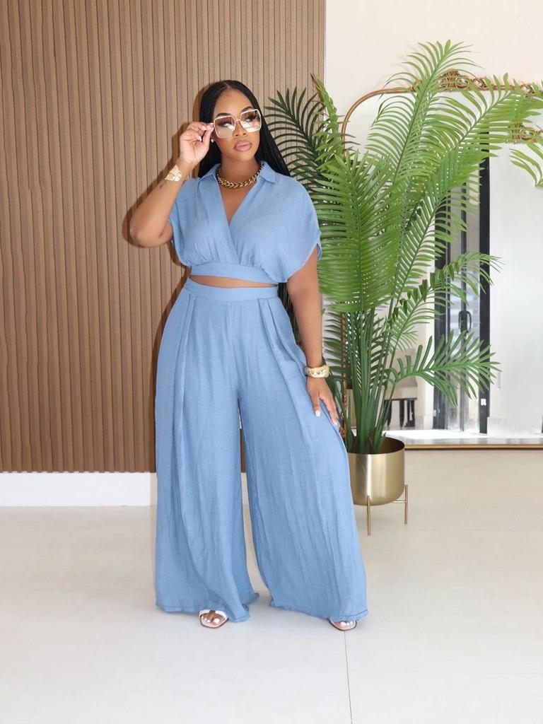 TW716 Trendiges Europäisches & Amerikanisches Plus-Size Lässiges Urlaubs-Revers-Oberteil & High-Waist Weitbeinige Hosen Set