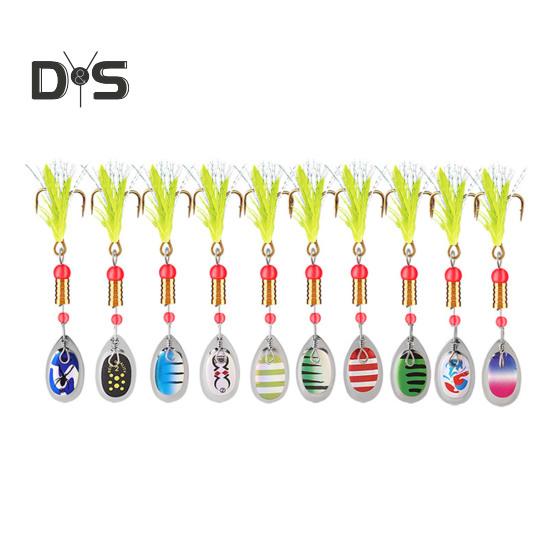 

10 шт. 7,5 см/3 г вращающаяся блесна с пером для крючка, твердый металлический спиннербейт, вращающаяся блесна, аксессуары для ловли соленого пресноводного судака и окуня B