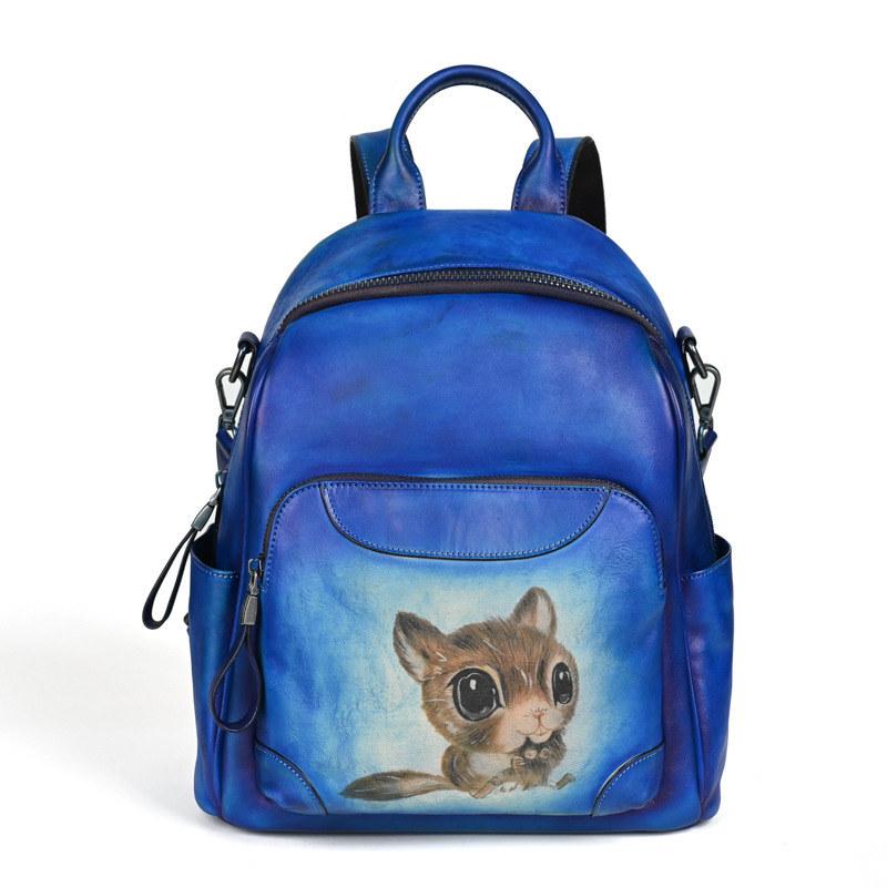 Cute Squirrel Pattern Genuine Leather Backpack Vintage Design Chinese Style Backpacks Knapsack