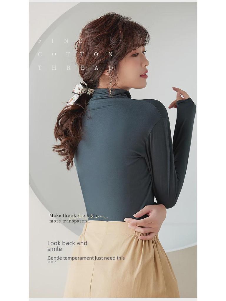 Top de Modal de Cuello Alto de Manga Larga y Corte Ajustado para Mujer Otoño 2023