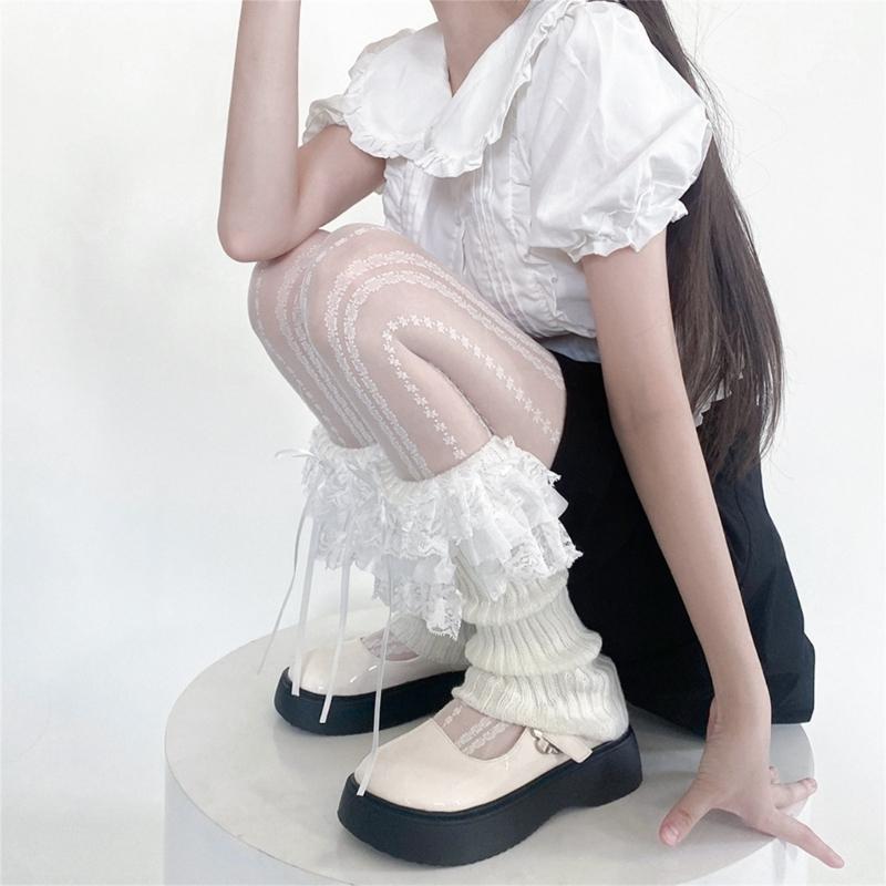 Womens Lolitas Knits Long Socks Lace Ruffle Flared Leg Warmers Harajuku Booties Socks Winter Warm Ankle Heap Socks