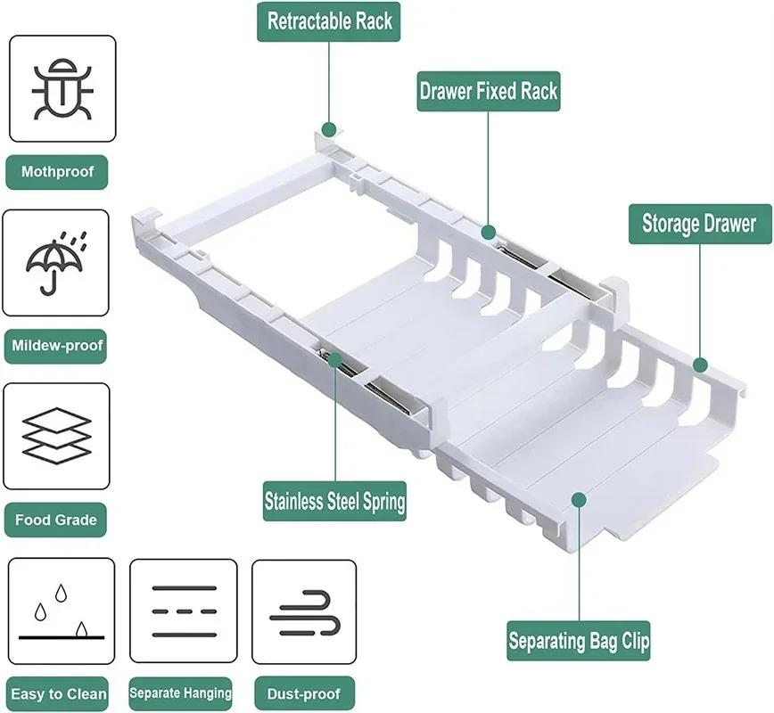 Kitchen Portable Telescopic Storage Rack Refrigerator Hanging Storage Clip Multifutional Sliding Rail Tray for Food Bag Zip-bag