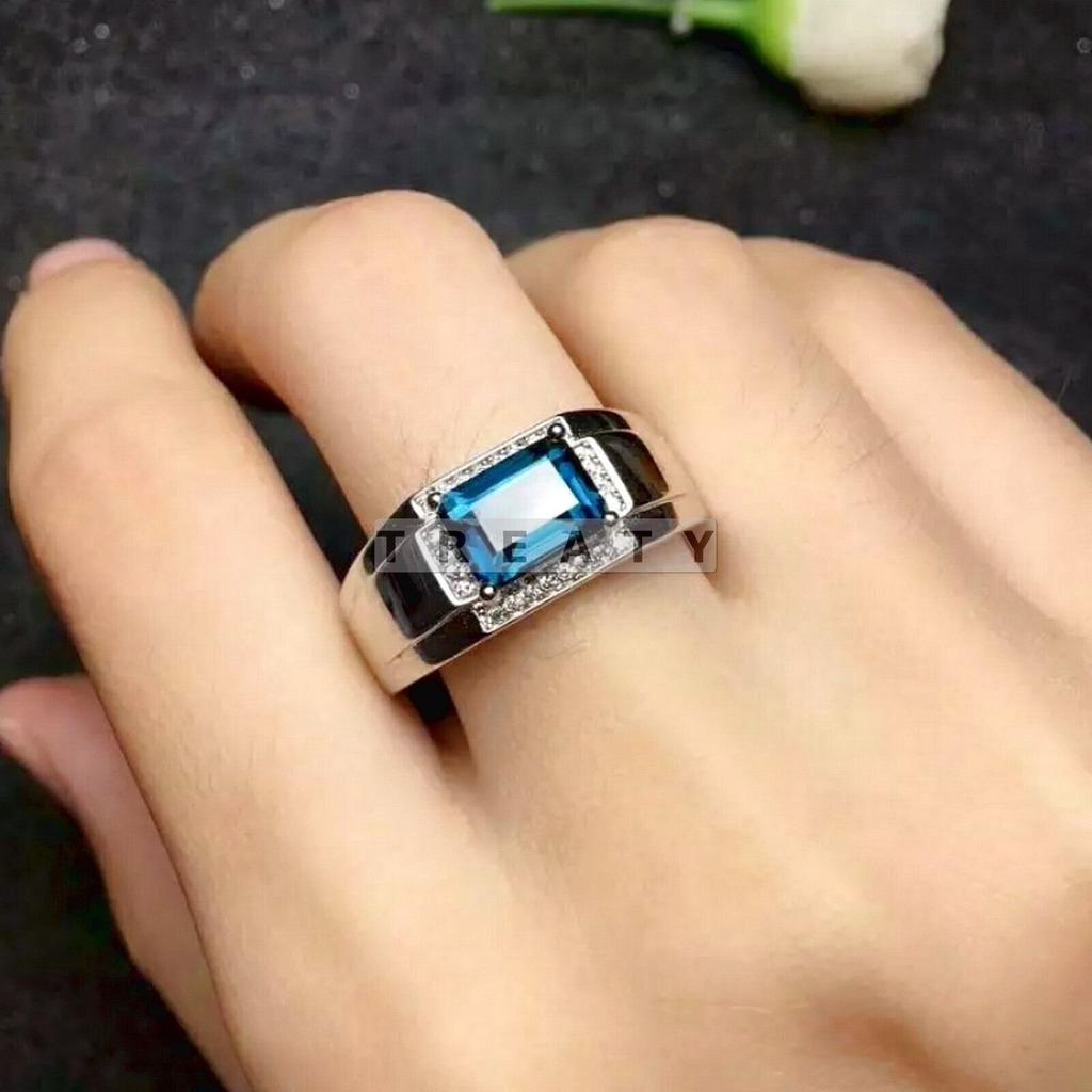 Blue Topaz Emerald Cut Gemstone With 925 Sterling Silver Ring For Men's #35 JL375718203675