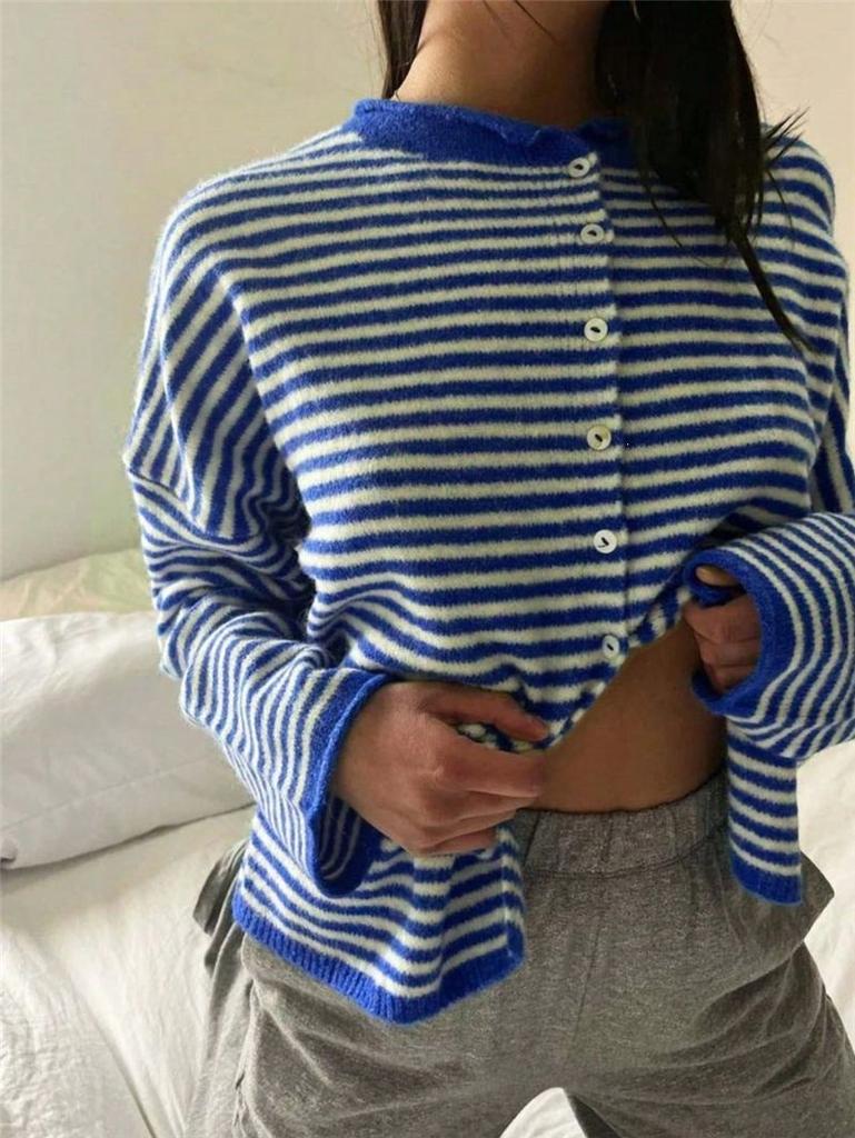 New European and American women's fashionable street loose striped knit cardigan long-sleeve sweater for women, red coat
