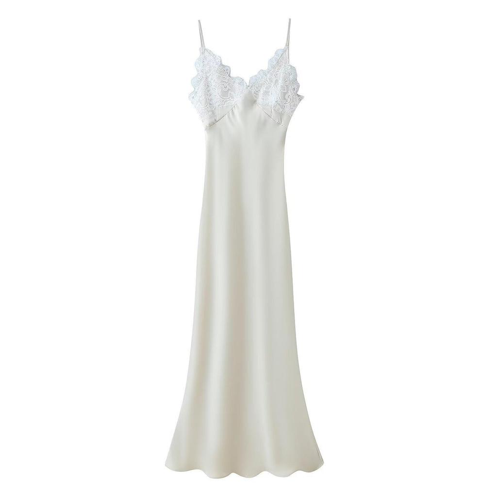 European American Women's Lace Patchwork Satin Sling Dress