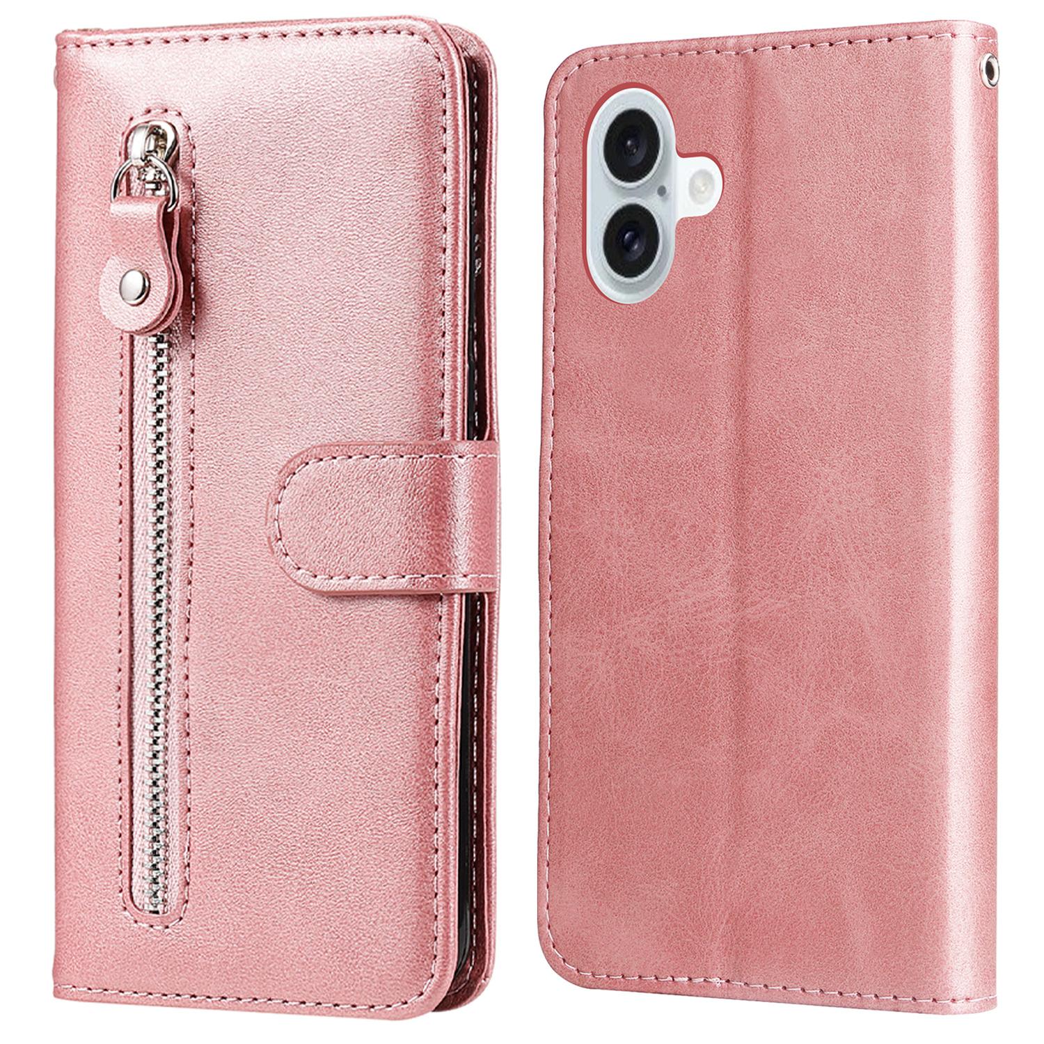 

Для iPhone 16 Plus чехол из искусственной кожи с отделениями для карт и карманом на молнии чехол для телефона Pink