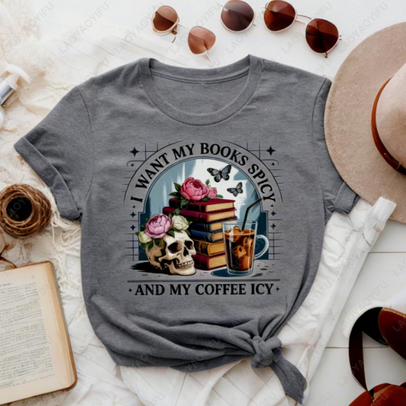 

Spicy Books Iced Coffee Graphic Oneck Printed Tops Romance Reader Gift Skull Reading Funny Adult Cotton Tshirts Women Clothing 4XL