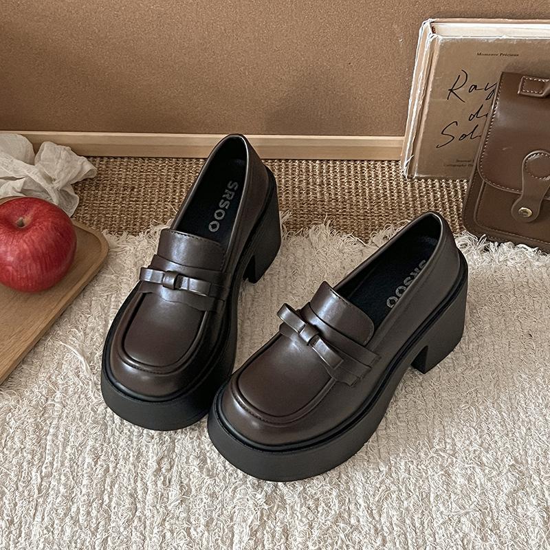 

Black thick heel platform small leather shoes women s 2025 new autumn height increase versatile high heels round head loafers children 40 коричневый