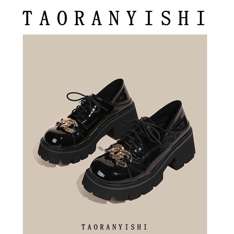 3-3 Muffin Platform Small Leather Shoes Women's New Thick Heel Lace-up Medium Heel Uniform Shoes