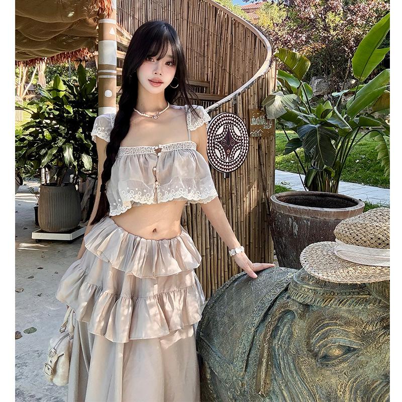 French beautiful island vacation ruffle edge split suspender dress super fairy princess style atmosphere set