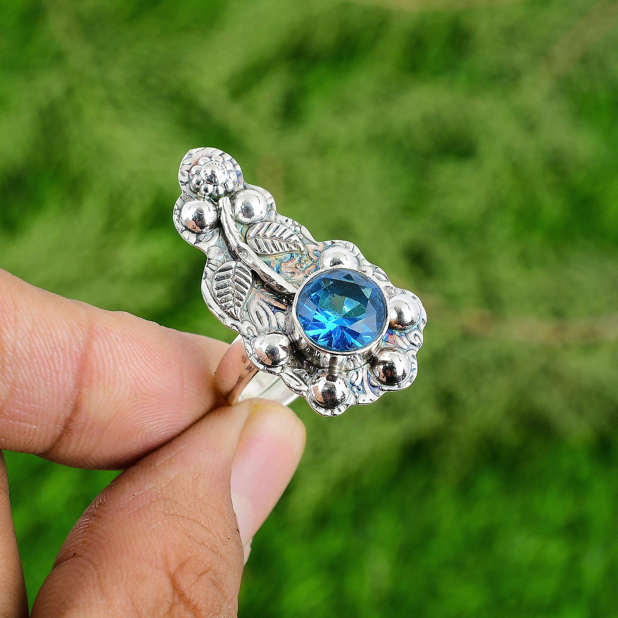 

Сделка ко Дню матери Кольцо-цветок обещания из серебра 925 пробы с натуральным швейцарским голубым топазом Adjustable