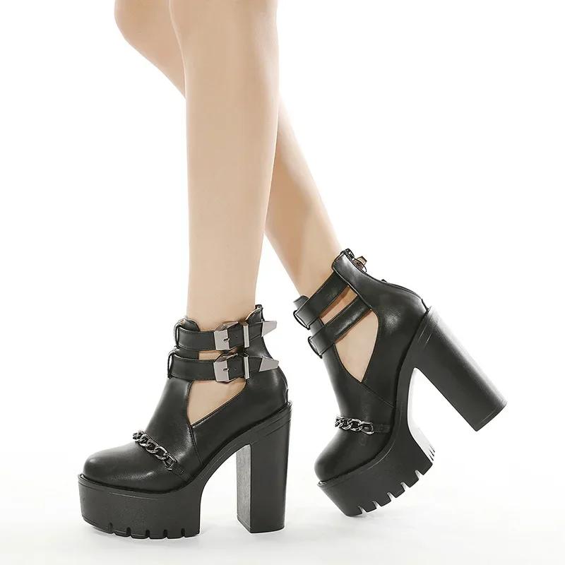 Fashion Spring Autumn Fashion Ankle Boots for Women High Heels Casual Cut-outs Buckle Round Toe Chain Thick Heels Platform Shoes