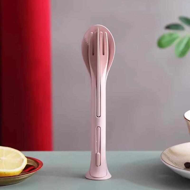 3 v 1 Přenosná opakovaně použitelná lžíce, vidlička, cestovní piknikové hůlky, pšeničné slámy, sada příborů s přepravní krabičkou pro studenty