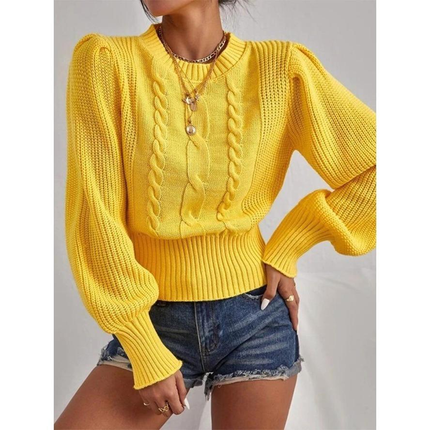 Solid Color Knitted Sweater Women's Round Neck Pullover Lantern Sleeve Top