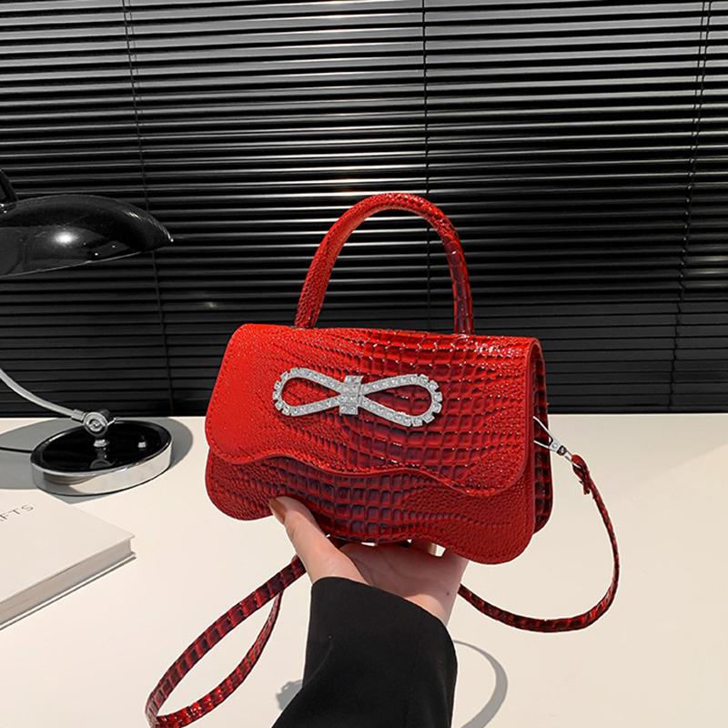 PU Leather Alligator Pattern Small Square Handbag Bow Design Women's Solid Color Fashion Shoulder Crossbody Bag AVE