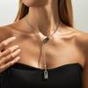 Minimalist Cool Tone Square Black Diamond Pendant Choker Necklace - Stylish Statement Long Necklace for Women, Sleek Metal Chain, Anti-Tarnish