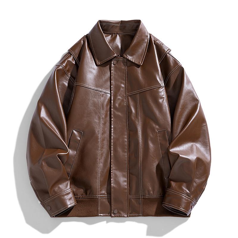 Autumn New American Retro Lapel Leather Jacket Men's Maillard Couple Casual Jacket Coat Top