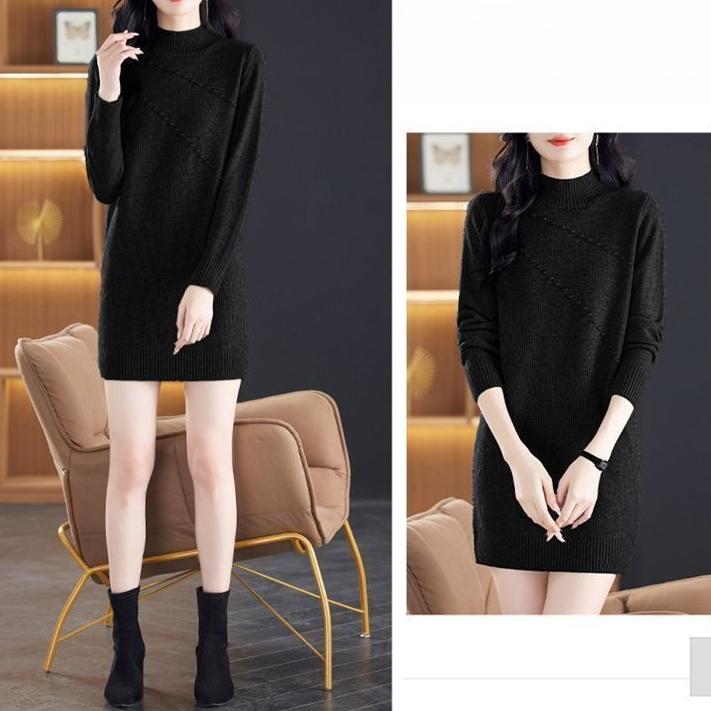 Svetr s polovičním rolákem pro ženy Ležérní jednobarevný středně dlouhý pletený svetr Volný pletený svetr s dlouhým rukávem na podzim a zimu