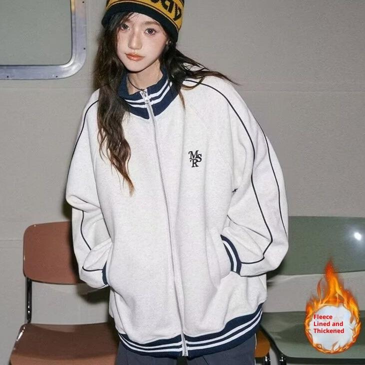 autumn winter letter embroidery zipper fleece sweatshirts women oversized temperament casual Velvet white black y2k coats Women s baseball jackets M 2470₽