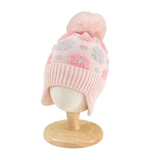 Kinder Wollmütze mit Fellbommel Kleine Blumendekorationen Ohrenschutz Verdicktes Plüschfutter Strickmütze