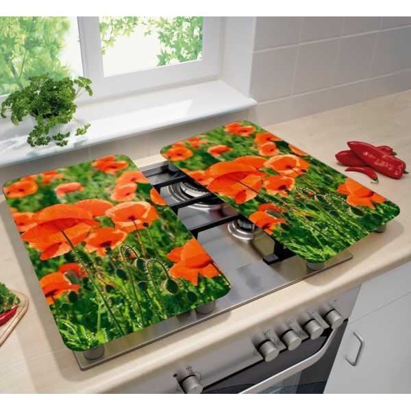 Protection plaque de cuisson - WENKO - Champ de coquelicots - Verre trempé - Lot de 2 - Multicolore