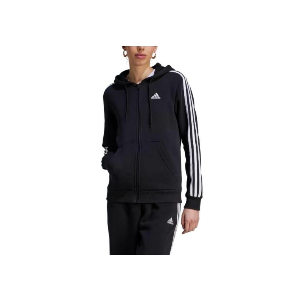 Adidas Striped Zip-Up Hooded Jacket With Long Sleeves Women Outerwear Black HZ5743