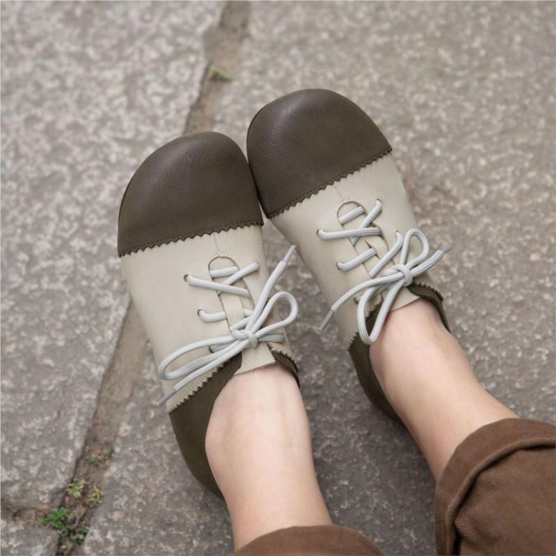 Johnature Cowhide Mixed Colors Casual Flats Comfortable Retro Genuine Leather Lace Up Versatile Women's Shoes