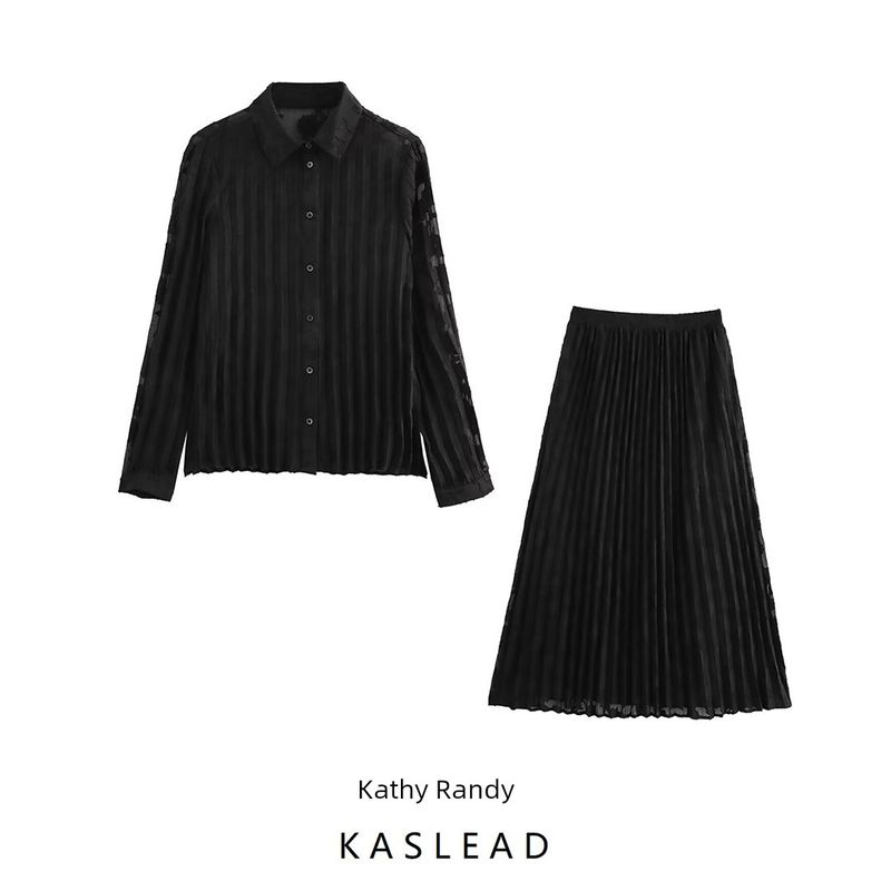 Kaslead New Arrival Women's Fashion Style Pleated Comfortable Long Sleeve Shirt Skirt 4387291 4387290