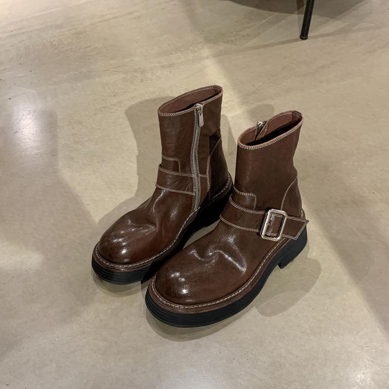 

! Туфли Лошадиная кожа Круглый носок Толстый каблук Локомотивные полусапожки Пряжка ремня Кожаные полусапожки Женские 40