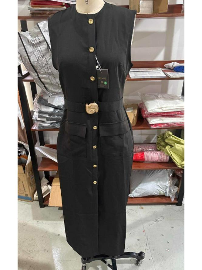 2025 Spring/Summer Women's Sleeveless Fitted Waist Slit Long Dress with Multi-Button Design