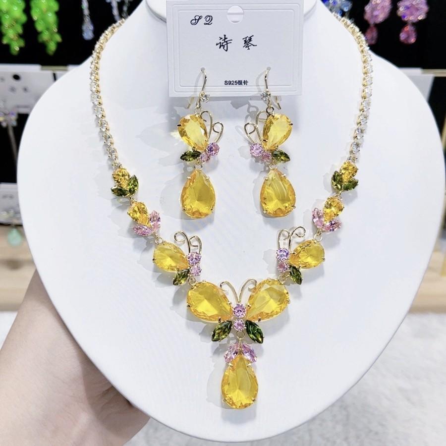 Luxury Butterfly Pendant Jewelry Set Earring Pink Necklace For Women Bridal Wedding Exquisite Fashion Zircon Party Banquet Gift