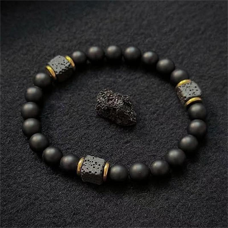 NEW Elastic Adjustable Mens Bracelet 8mm Black Onyx & Lava Stone Beads Bracelet For Men Beads Charm Bracelet With Elastic Cord
