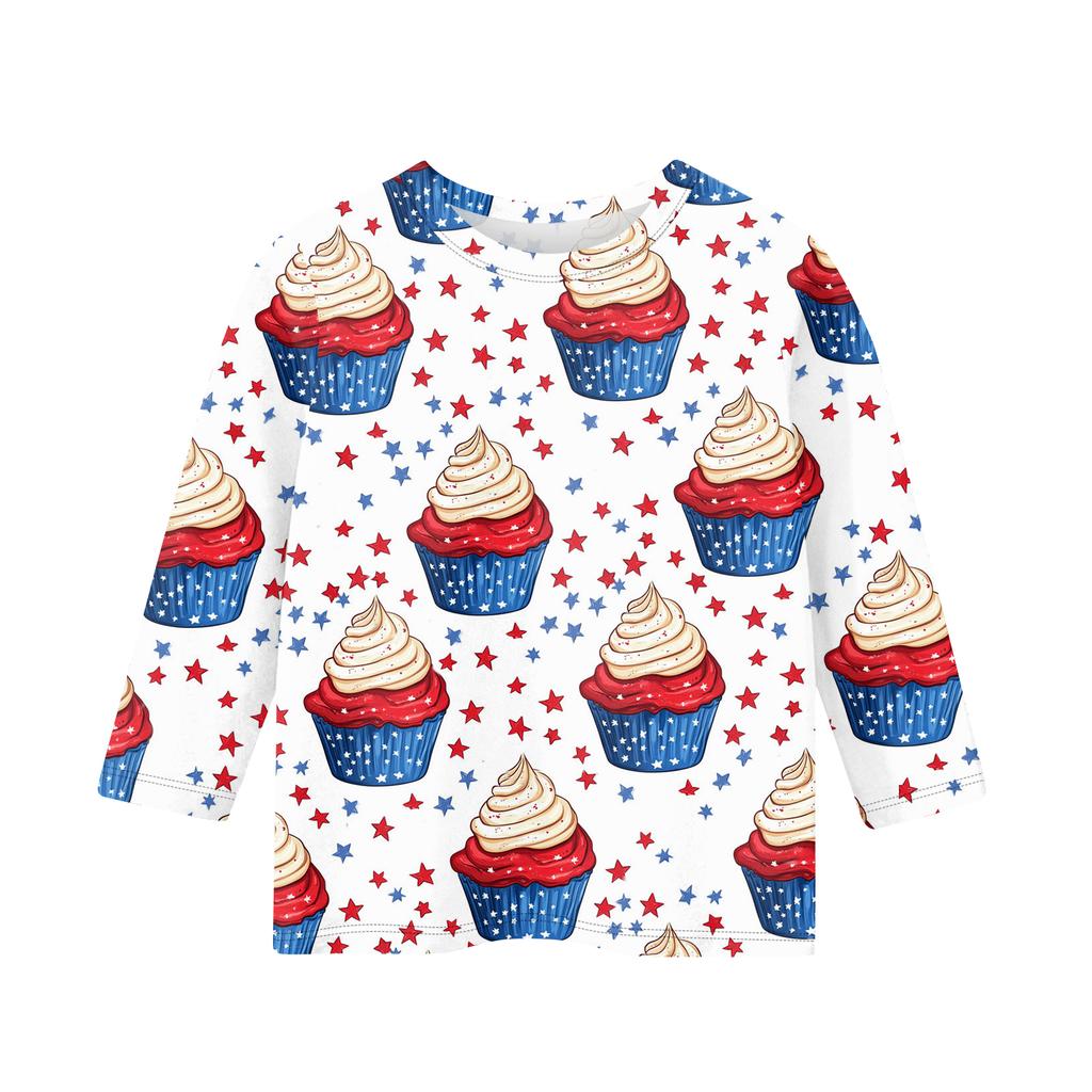 Print Tops For Youth Girls Round Neck 3/4 Sleeves T-Shirts Trendy Tops Outfit Tees Independence Day