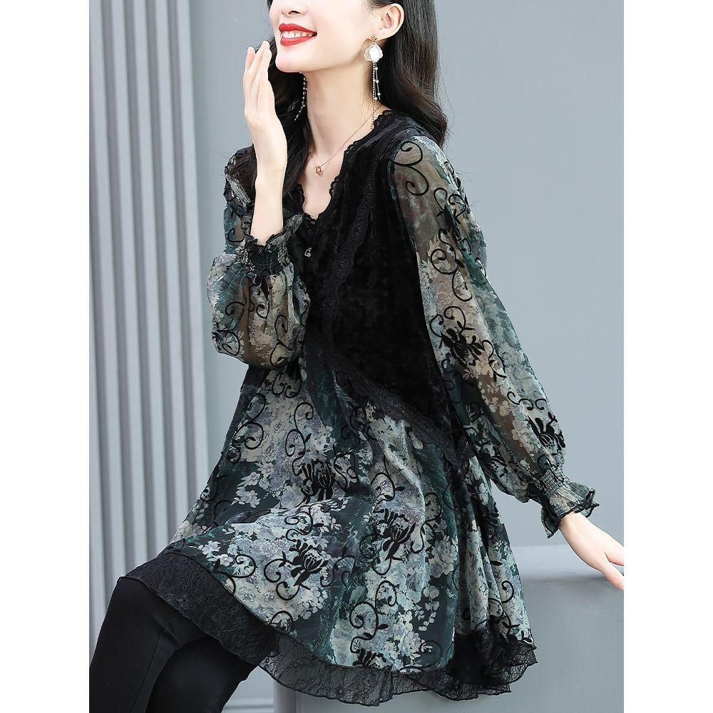 Chiffon Shirt Women's Spring and Summer New Fashion High-end Temperament Velvet Stitching Loose Large Size Retro Printed Top