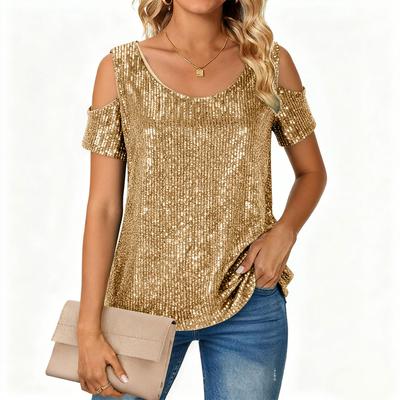 Ladies' Fashionable And Comfortable Loose Sequined Short Sleeved Top