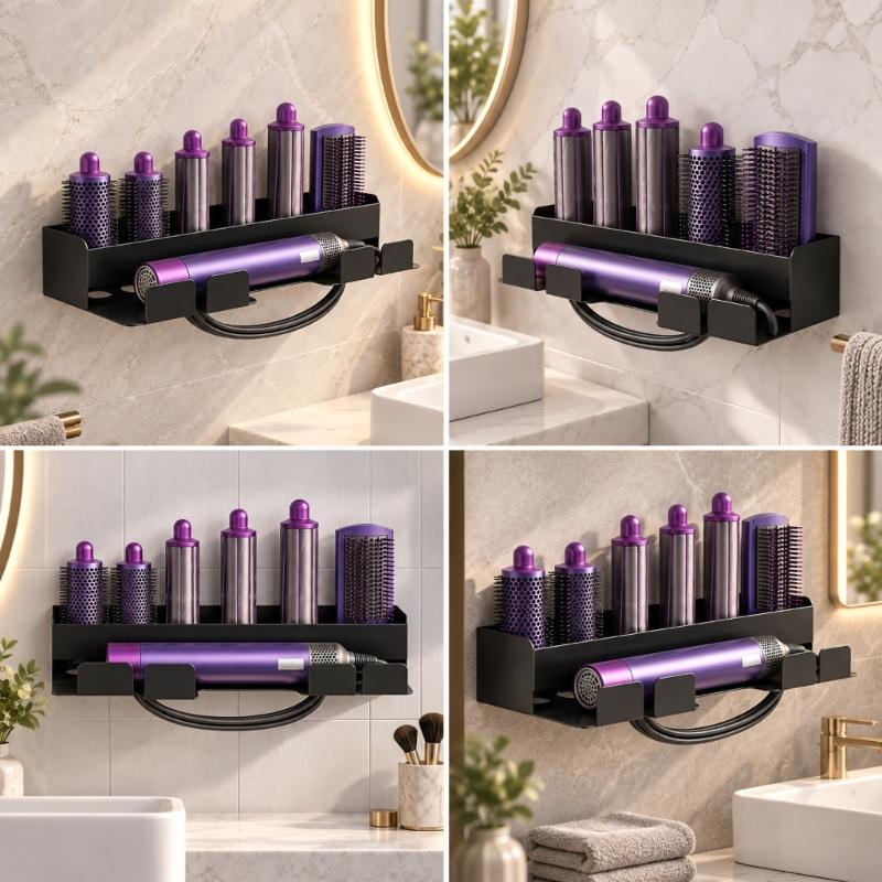 Adhesive-Mounted Hair Dryer and Curling Iron Holder with Open Wall Storage and Front Cord Retainers for Dressing Spaces