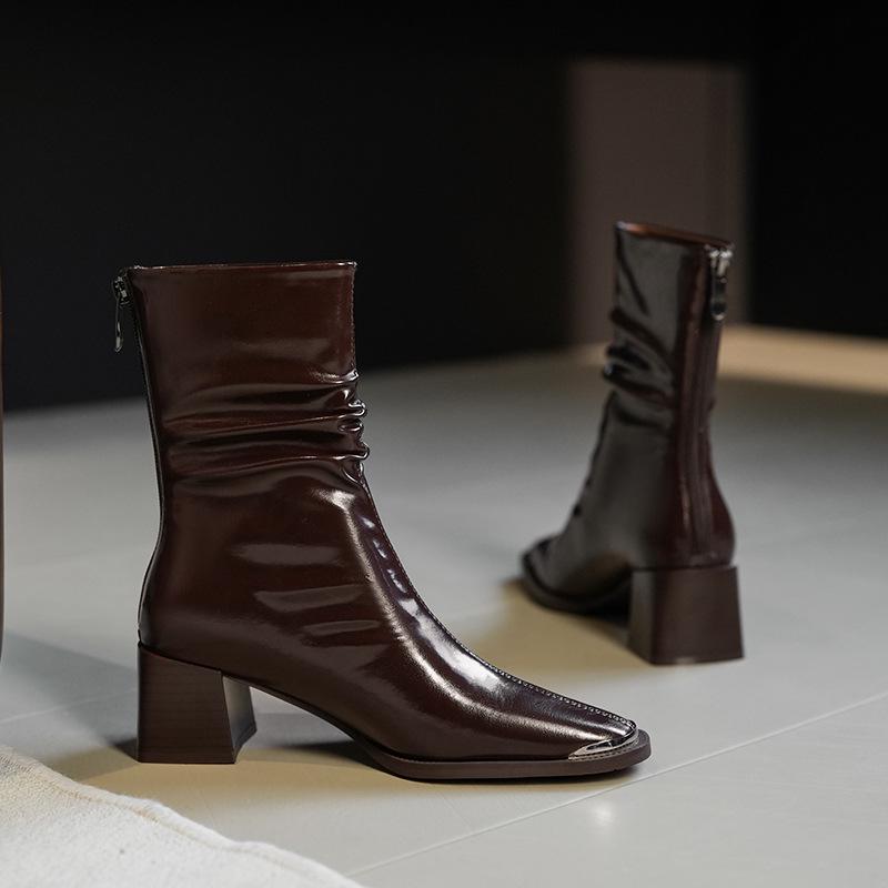 Women's Vintage Pleated Leather Square Toe High Heel Ankle Boots - Autumn/Winter Chunky Heel Knight Martin Boots, British Style