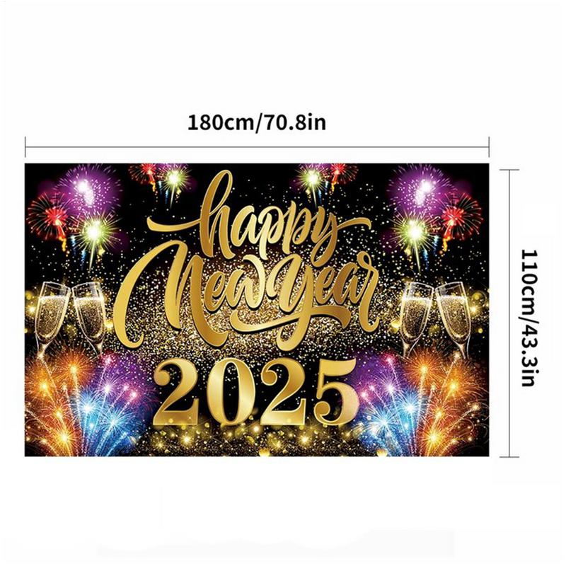 2025 Happy New Year Banner New Year Black Gold Party Decoration Background 71 X 43in Photo Backdrop Non-Fade New Year Banners