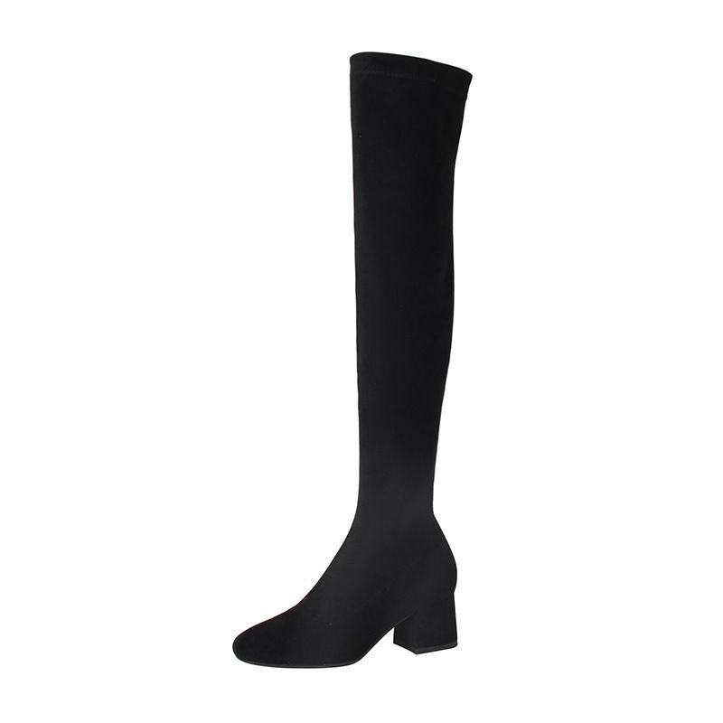 Knee Boots Women's High-heeled Boots Elastic Boots Long Boots Khaki Boots Suede Boots Autumn and Winter Velvet High Boots